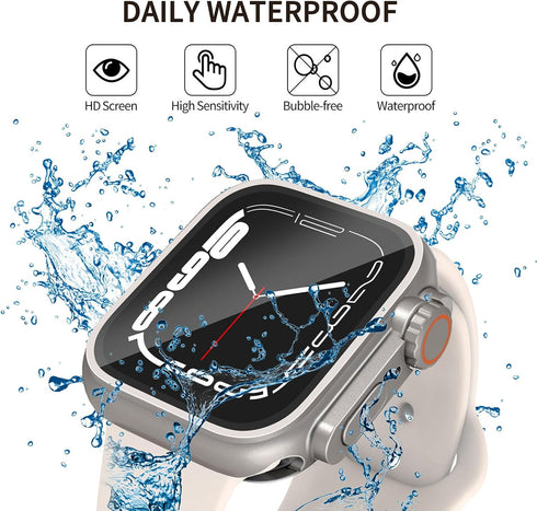 2 in 1 Waterproof Case for Apple Watch 45mm, Tempered Glass Protective PC Back Cover Accessories