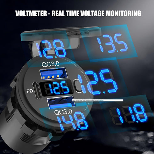 2 Pack 12 Volt USB Outlet Dual Quick Charge 3.0 Port and PD3.0 Car Battery Chargers Socket with Voltmeter