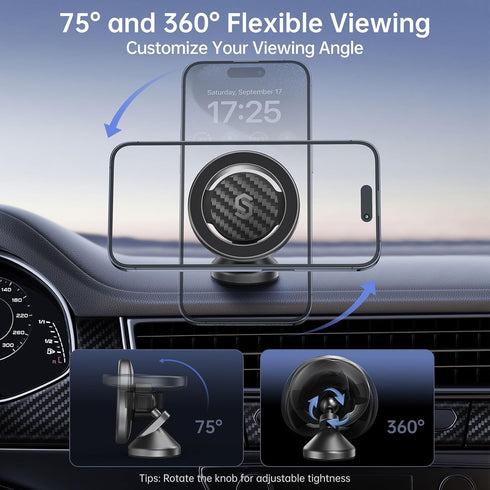 SYNCWIRE MagSafe Car Mount | Carbon Fiber Magnetic Phone Holder for Car, 360° Rotation, Strong Magnet for iPhone 15 Pro