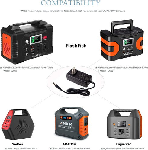 FlashFish Portable Power Station Charger Adapter, 15V 2.5A Power Supply Adapter Compatible with 150-200W