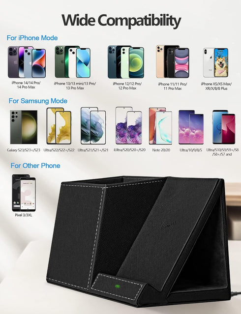 2-in-1 Pen Holder with Wireless Charger, Compatible with iPhone 16/15/14/13/12/11/8 Series, Desk Phone Stand