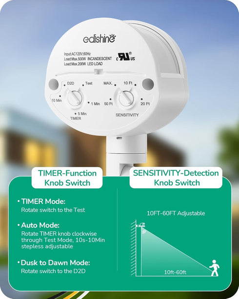 EDISHINE 180-Degree 120V 60 3 Motion Sensor, Replacement Motion Detector for Security Floodlights, Adjustable Time