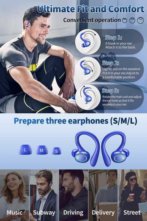 GJB 60H 5.3 IPX7 Wireless Earbuds, Playback Bluetooth Headphones,Noise Cancelling Wireless Headphones with LED Battery
