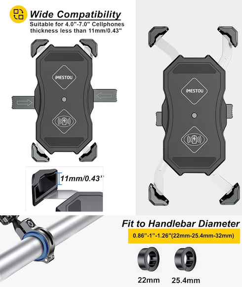 iMESTOU Motorcycle Phone Holder - Wireless Charger and USB 3.0 Quick Charge Mount, Fits 22-32mm Handlebar, Suitable for