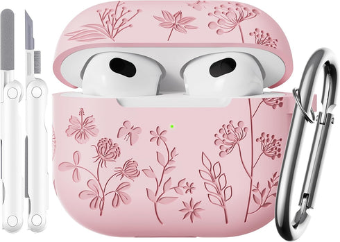 Flower Engraved Soft Silicone Case for Airpods 3rd Generation, Cute Case with Cleaner Kit & Keychain, Pink