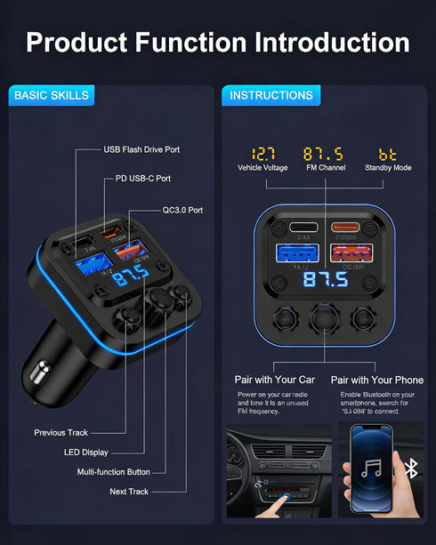 AILKIN 54w 5.4 Bluetooth Fm Transmitter for Car, Fast Charging, Blue Tooth Car Charger USB-C USB-A Multi Ports
