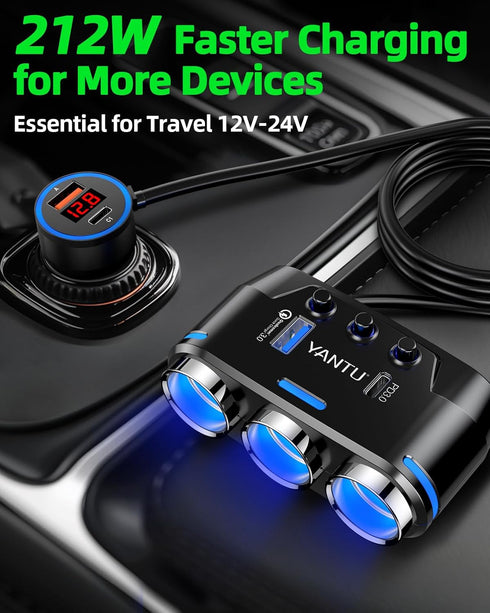 YANTU QC3.0 & PD 212W Cigarette Lighter Adapter, 3-Socket Splitter with 12V USB Outlet for Car Devices