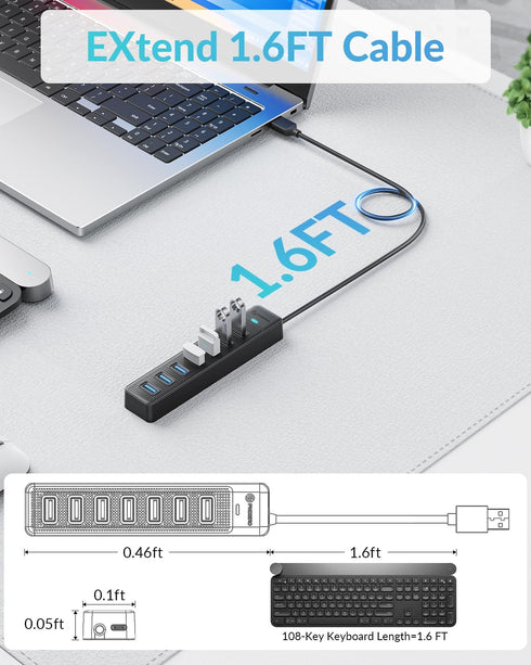 PHIXERO 7 Port USB Hub with 1.6FT Long Cable, Multi USB Port Hub, USB Extension Hub for Laptop, Compatible with USB
