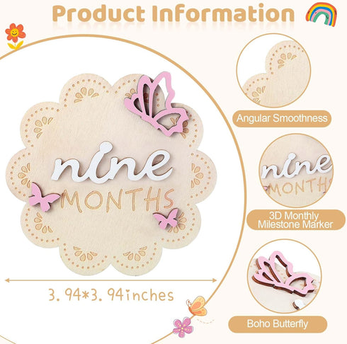12 3D 1-12 Pcs Butterfly Wooden Baby Girl Monthly Milestone Cards Sign Months Milestone Marker Discs Newborn