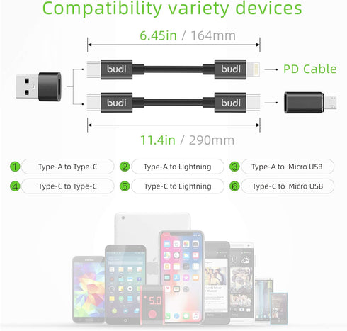 BUDI MFi Certified USB Type C Cable - 3 Types USB Adapter Kit for Traveling Phone Pad Charging