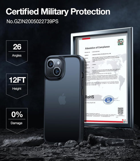 iPhone 15 Case by TORRAS: Slim, Shockproof, 12FT Military Grade Drop Protection, Black with Translucent Back & Silicone