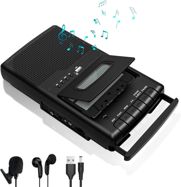 Retro Cassette Player & Tape Recorder with Standalone Mircophone, Portable Tape to