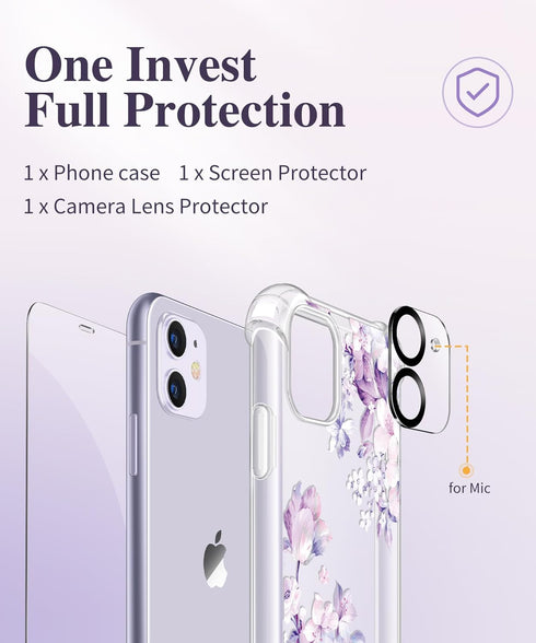 GVIEWIN Clear Soft TPU Case for iPhone 11 with Screen Protector + Camera Lens Protector, Flower Pattern 6.1"
