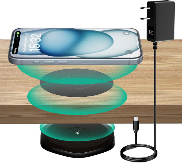 KPON Invisible Wireless Charger, 30mm Under Desk Charger Mat for iPhone 15/14/13/12/11/Samsung/LG/Google Pixel (with QC