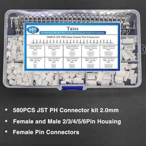 Taiss 580PCS JST PH Connector Kit, 2.0mm 2/3/4/5/6Pin Housing, Female and Male Adapter Cable Connector Plug
