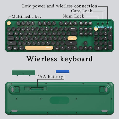 UBOTIE Colorful Wireless Computer Keyboards Mouse Combos, Retro PC Keyboards with Optical Mouse (Green-Black)