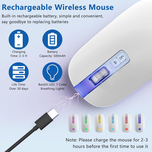 Wireless Mouse, Backlit LED Portable Slim Computer Mouse for Laptop, PC, Computer, MacBook, iPad, Chromebook, Notebook, 2.4G Rechargeable Wireless Mouse (Black) (Ivory White)