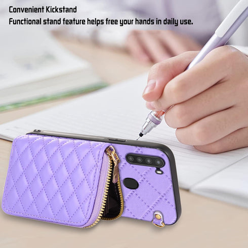 Furiet Zipper Wallet Case for Samsung Galaxy A21, Crossbody Strap, 8 Card Slots, TPU Leather Cover - Purple
