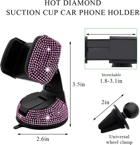 Wevdn 360 Phone Holder for Car, Rotatable Sparkling Diamond Phone Mount with Suction Cup Base, Rhinestone Phone Holder
