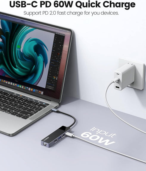 USB C Hub, ORICO 5 in 1 MacBook Docking Station Multiport Adapter with PD 60W, HDMI 4K@30Hz, Compatible with Dell/HP
