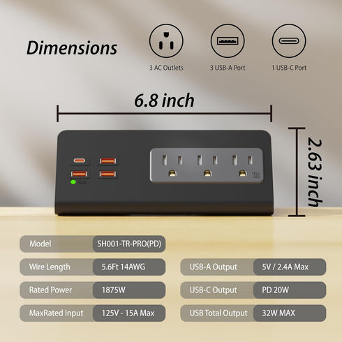 Upgraded Edge Mount Power Strip with USB-C Ports, Tabletop Surge Protector, 3 AC Outlets & 4 Fast Charging USB Ports