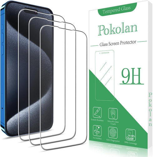 Pokolan (3-Pack) Tempered Glass Screen Protector for iPhone 15 Pro, 9H Hardness, Bubble Free, Easy to Install, Case