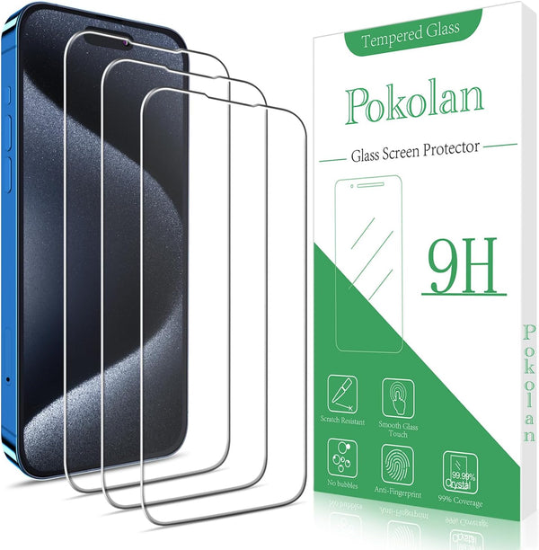 Pokolan (3-Pack) Tempered Glass Screen Protector for iPhone 15 Pro, 9H Hardness, Bubble Free, Easy to Install, Case