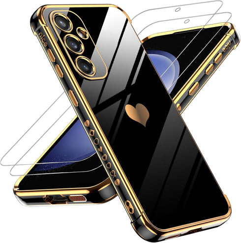 LeYi Galaxy S23 FE Case: Luxury Soft TPU, Tempered Glass Protector & Full Camera Lens Protection, Black, for Women.