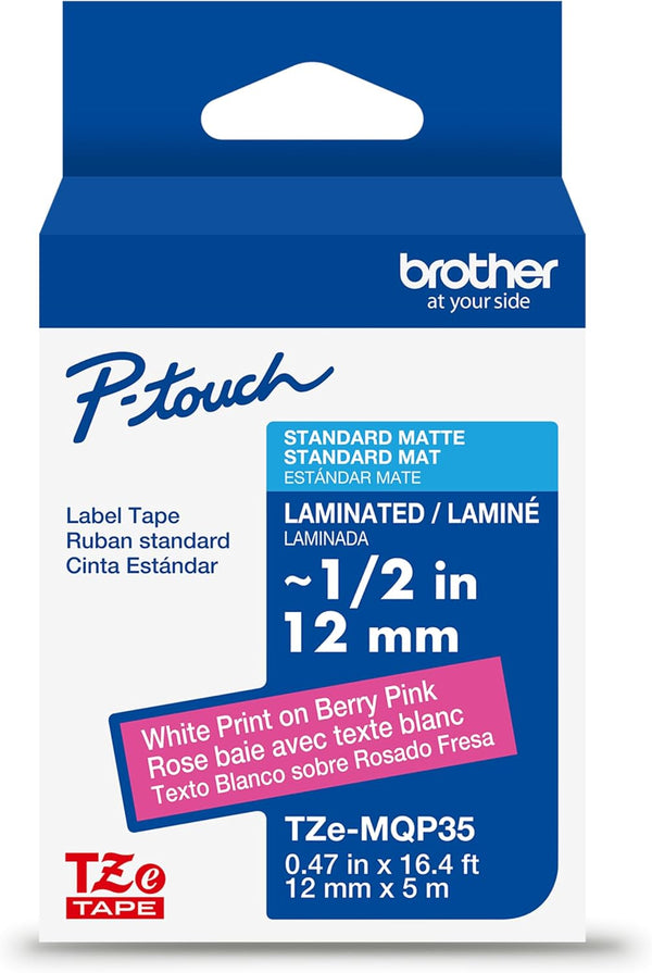 Brother Genuine P-Touch TZe White Print on Berry Pink Label Tape (TZeMQP35),
