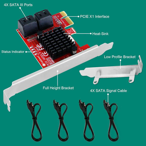 PCIE 3.0 to 4-Ports SATA III Expansion Card for Desktop PCs, Plug and Play for Windows, MAC, Linux
