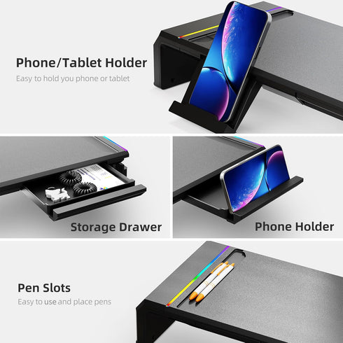 Dual Monitor Stand for Desk, Foldable Riser with RGB Light, Computer Monitor Stand Riser, Desktop Organizers (Black)