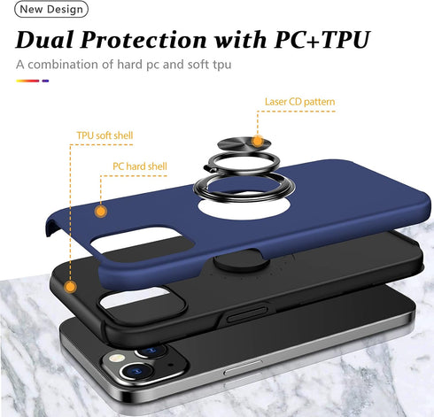 PELEPUES Shockproof Case for iPhone 13, Military Grade Cover with Embedded Finger Ring and Reinforced Metal Stand (Blue)