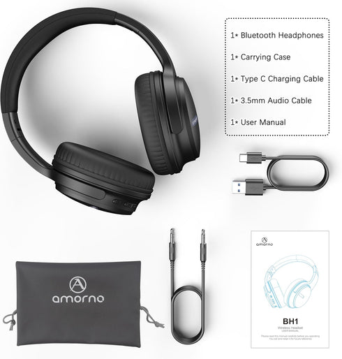 AMORNO Over Ear Bluetooth Headphones, HiFi Stereo, 68H Playtime, Foldable, Lightweight, Mic for Cellphone/PC/Office