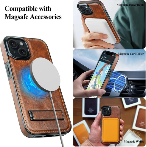 MMHUO iPhone 15 Leather Case, Brown, Ultra Slim Magnetic, Magsafe Compatible, Built-in Stand, Protective Kickstand
