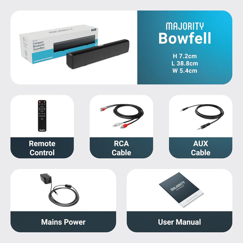 Majority Sound Bar for Smart TV, 50 Watts, 2.0 Bluetooth, 15 Inch Home Audio Sound Bar, Bowfell Black