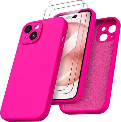 ORNARTO iPhone 15 Case - Shockproof, Waterproof Liquid Silicone, Full Cover with Screen Protectors - Hot Pink, 6.1 inch