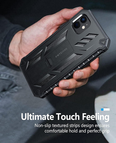 FNTCASE iPhone 11 Case: Shockproof Military Grade, Dual Layer Protection, Kickstand, Matte Textured, 6.1" Black.
