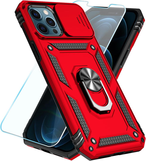 SunStory Red iPhone 12 Pro Max Case, with HD Screen Protector & Slide Camera Cover & Rotated Ring Kickstand