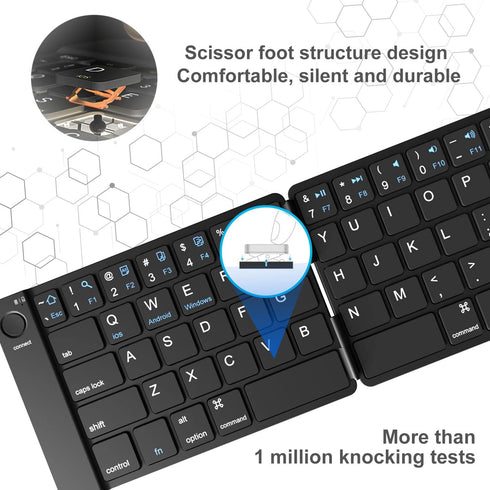 Foldable Bluetooth Keyboard, Portable Wireless Keyboard with Rechargeable Full Size Ultra Slim Folding for iOS Android