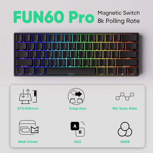 MONSGEEK FUN60 16k 60% Pro Rapid Trigger Gaming Keyboard Scan Rate SP Magnetic Switch HE Keyboard Wired Black