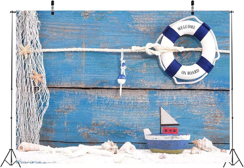 BELECO 8x6ft Fabric Nautical Backdrop Life Buoy and Toy Boat Shells on Blue Wooden Background Phtography Backdrop