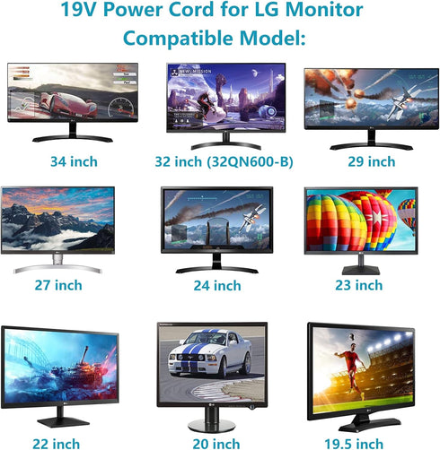 Power Cord for LG Monitor DC 19V 3.42A for 34" 32" 29" 27" 24" 23" 22" 20" 19" UltraWide IPS Curved LED 4K UHD LCD