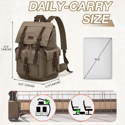 Kattee Men’s Large Leather Canvas Backpack, Army Green Travel Rucksack