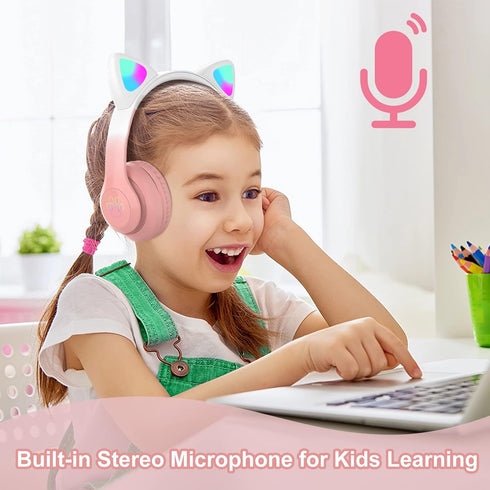 Kids Headphones, Bluetooth Wireless Headphones for Kids Teens Adults, Over-Ear Bluetooth Headphones with Microphone, Cat Ear Headphones for Girls Women (New Pink)