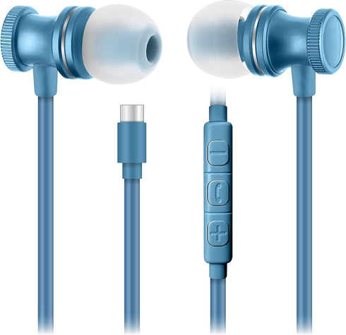 Sentry OSE450 Blue Headphones, In-Ear Earbuds with Wired USB-C Connection, Inline Volume Controller & Microphone