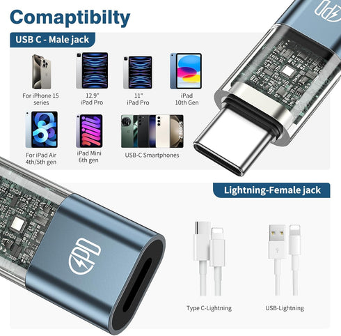 Male USB-C to Female Lightning Charger Adapter, 2-in-1 100W PD Charging + Data Sync for iPhone 15 Pro Max