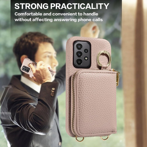 Furiet Wallet Case for Samsung Galaxy A33 5G, Luxury PU Leather Zipper Flip Organ Purse with Shoulder Strap, Khaki
