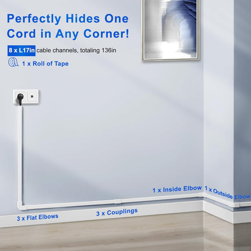 Cord Hider Wall for One Cord - 136in Cable Cover for Wires on Wall, Easy Install Cable Management