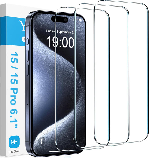 YMHML iPhone 15 Pro Screen Protector 3 Pack - Military Grade Shatterproof HD Clear Film, Case Friendly Accessories.