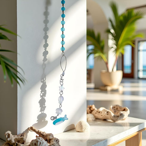 Dwuww Light Blue Ocean Shell Phone Chain Strap Fish Charm Star Beaded Keychain Phone Lanyard Acrylic Keyring Bag
